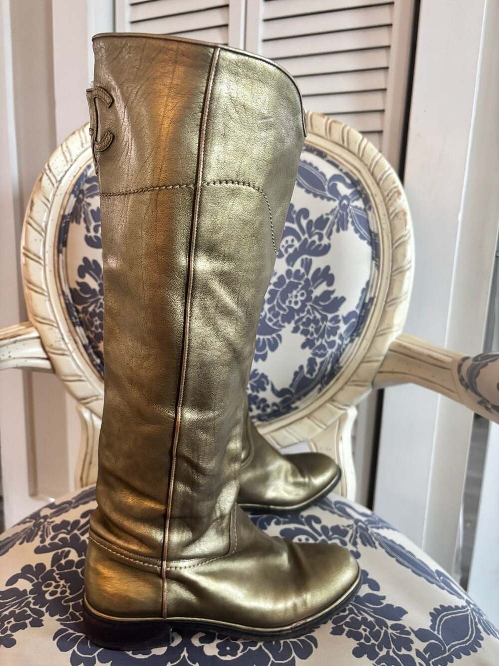 Chanel Metallic Gold Leather CC Tall Boots - Picture 5 of 16